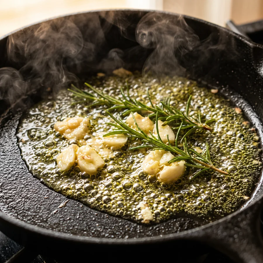 Olive oil with garlic and rosemary in a hot pan