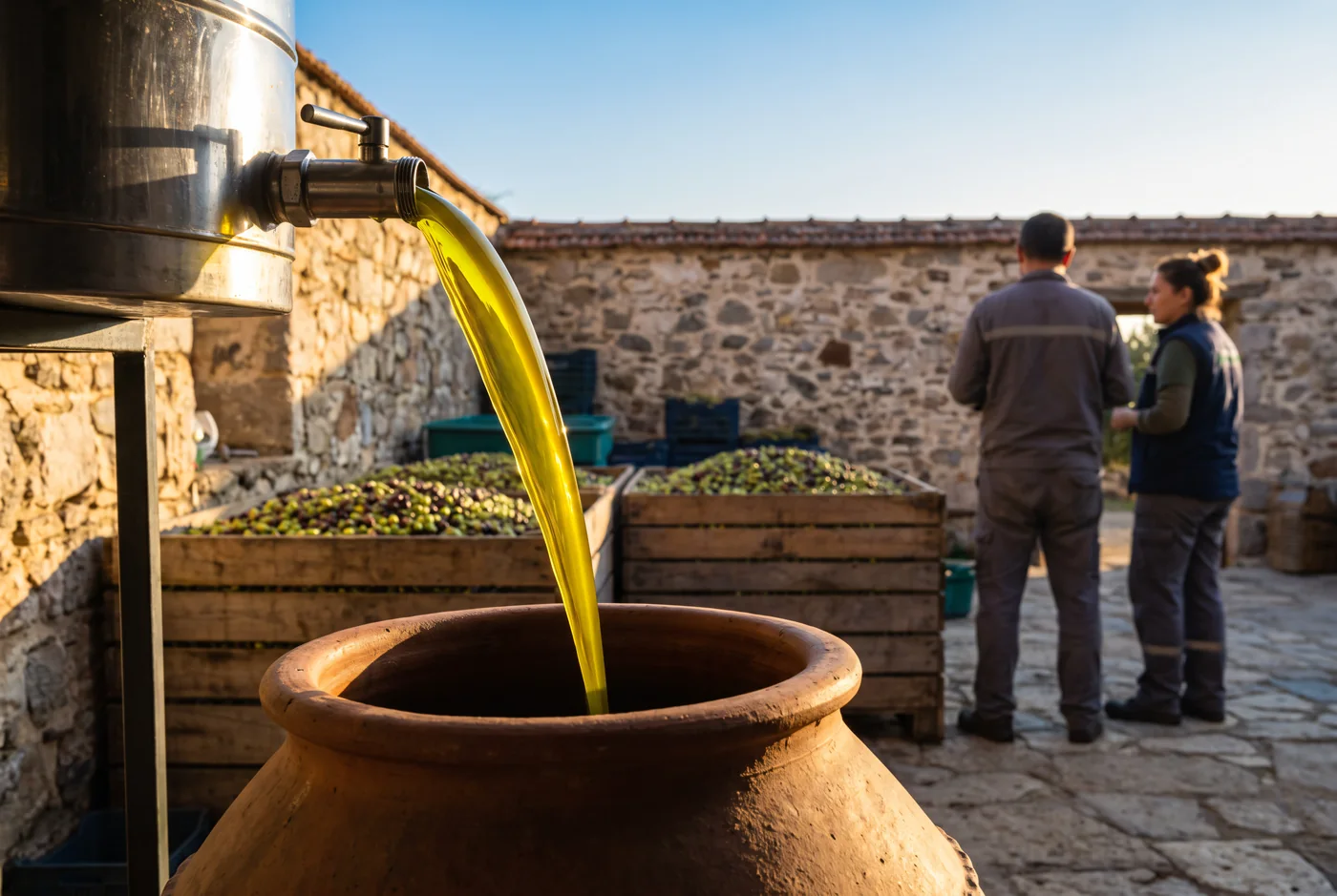 Fresh olive oil running from the spout into a clay jar at the mill